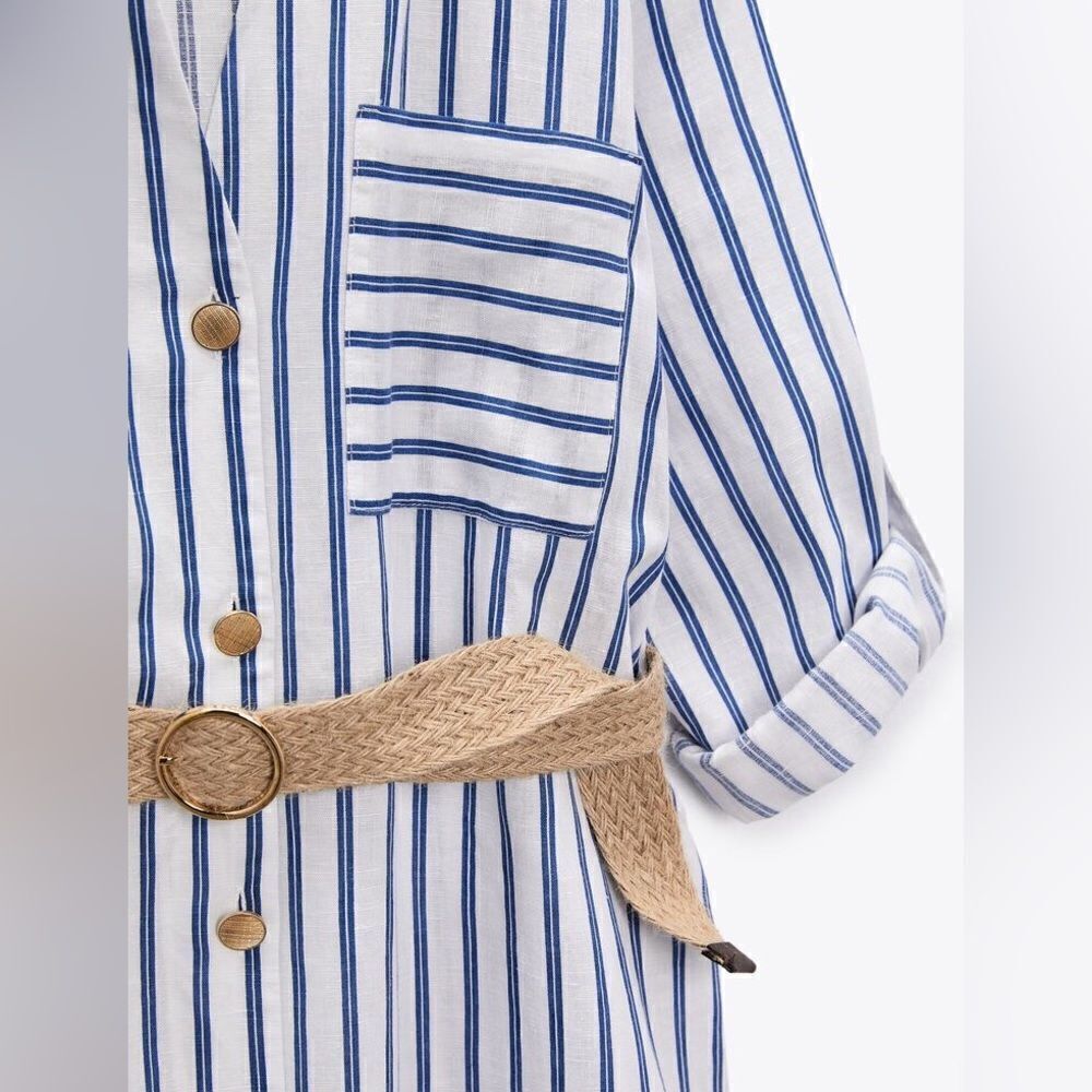 Zara Linen Blend Striped Belted Dress - Picture 2 of 9